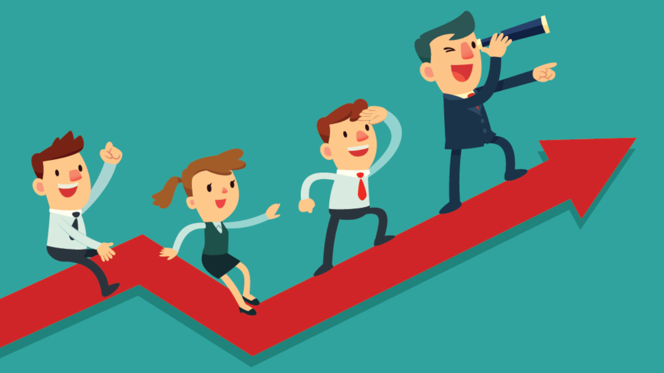 Vector of 4 business people riding an upwards line graph