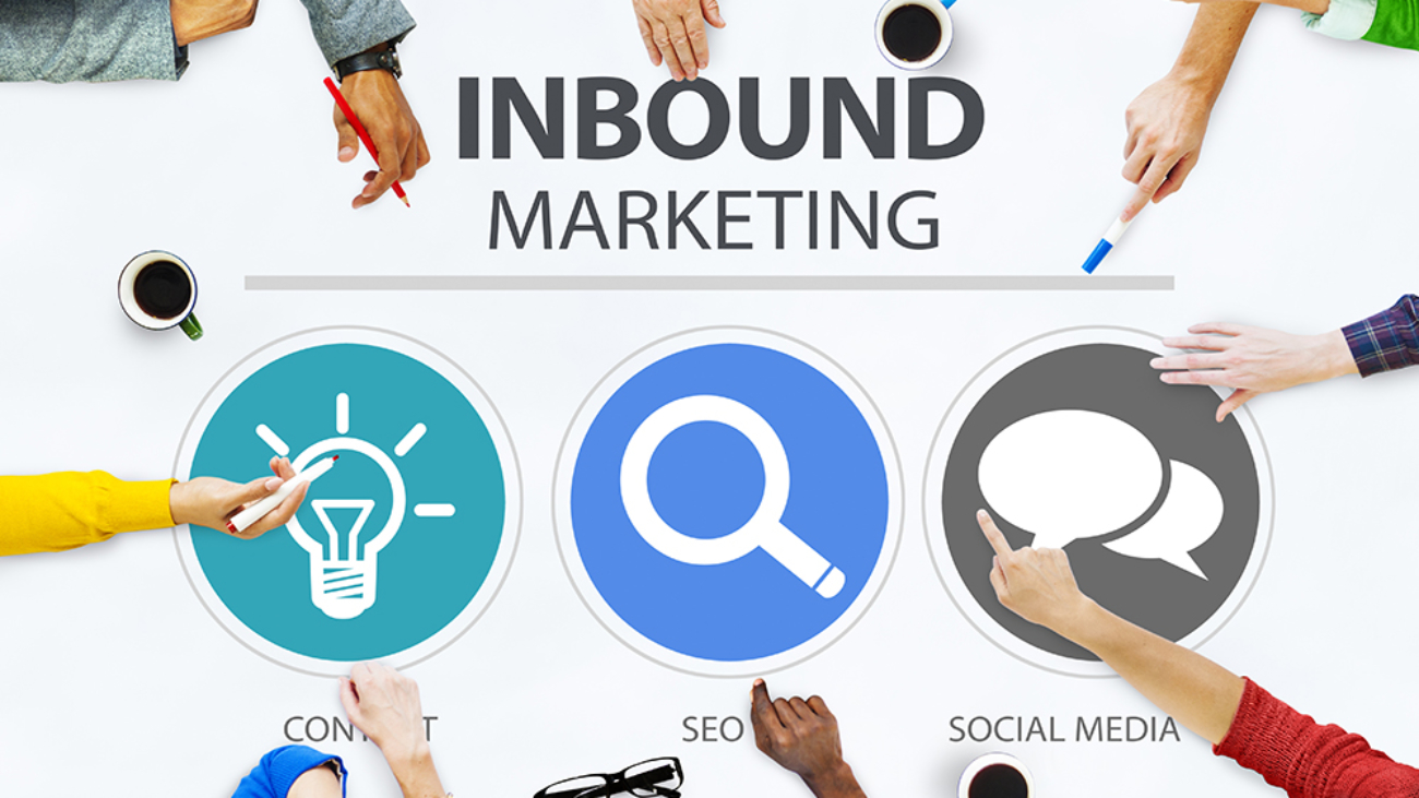 Image of people sitting around a table with inbound marketing words in the middle